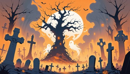A spooky cemetery haunted by ghosts on Halloween night, anime style background