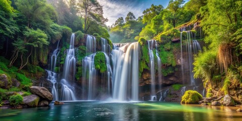 Fototapeta premium Panoramic view of a majestic waterfall in the forest , Waterfall, Falls, Scenic, Nature, Panorama, Landscape, River, Cascade