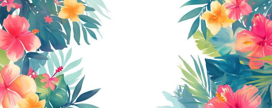Fototapeta Bright vivid tropical hawaiian summer flowers frame border with transparent white background