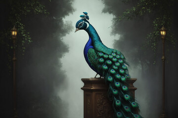 Obraz premium peacock in front of the sky with old-timey lamps framing it and trees in the background