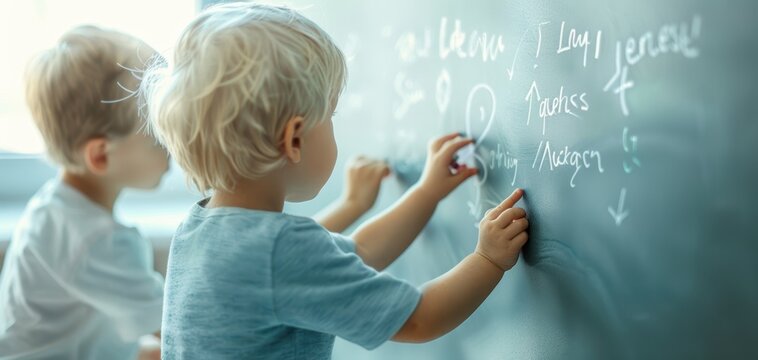 Two young children drawing on a chalkboard, exploring creativity and expression through art in a playful learning environment.