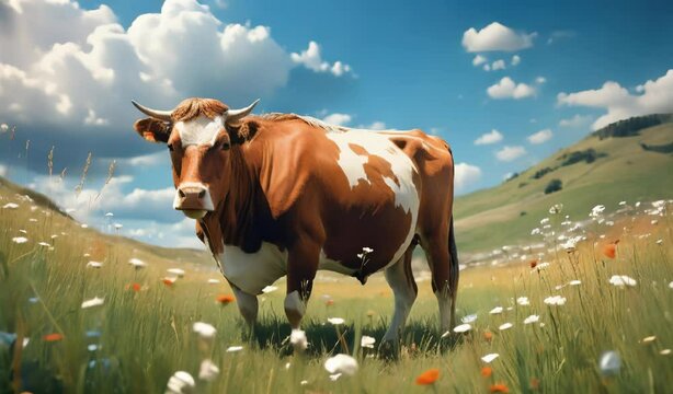 Red and white cow standing in a field of flowers under a blue sky with clouds.