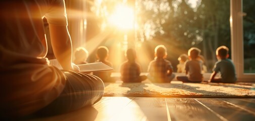 A serene moment of a person reading to children, surrounded by warm sunlight in a peaceful setting, evoking joy and curiosity.