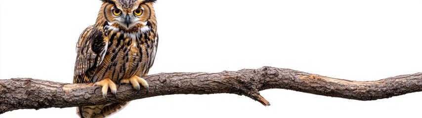 Wise owl perched gracefully on a tree branch, showcasing intricate feather details and expressive eyes, set against a minimalist white backdrop for a striking visual impact.