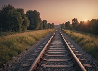A beautiful train is traveling down its train tracks as the sun sets