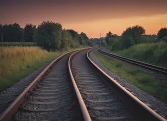A beautiful train is traveling down its train tracks as the sun sets