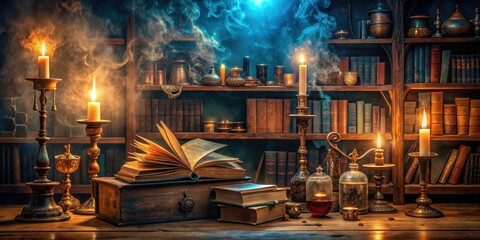 Sorcerer's library with magical books and artifacts casting spells, sorcerer, library, magical, books, artifacts, spells