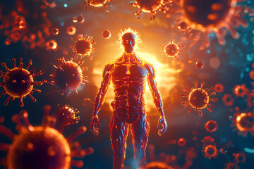 A stylized human figure surrounded by viruses, symbolizing health and disease interaction.