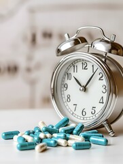 Pills Spilling Near Desk Clock
Capsule pills spilling out from a container near a simple desk clock on a light background.