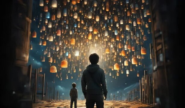 Two People Gazing at a Sky Full of Hanging Lamps