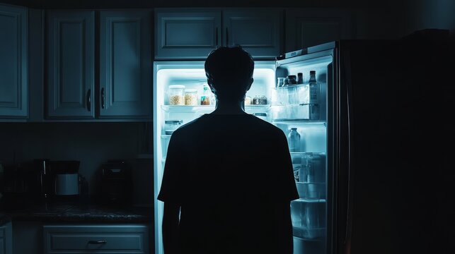 A man stares into a fridge pondering his late night snack options