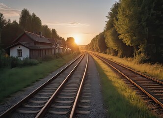 Fototapeta premium A beautiful train is traveling down its train tracks as the sun sets