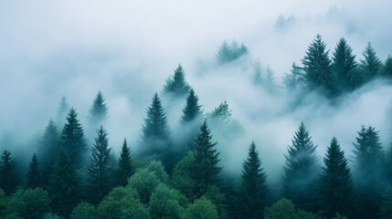 Gęsty las, w którym drzewa znikają w mglistym obłoku, tworząc tajemniczą i eteryczną atmosferę.