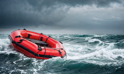 Fototapeta premium Two rescuers in a red raft face powerful waves while performing a daring maritime rescue amidst stormy conditions.
