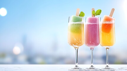 Fototapeta premium A colorful assortment of popsicles melting into sparkling wine in a champagne glass, creating swirling colors as the icy treats dissolve into the bubbly liquid, resulting in a playful and celebratory 