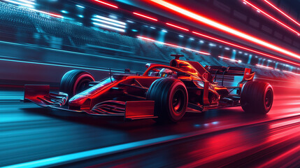 Red race car driving on a race track, Race Car in a Neon Tunnel, high speed, Concept of motor sport, racing, competition