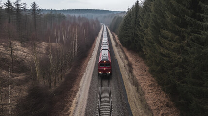 Pociąg pędzi po torach tuż obok zielonego lasu, gdzie wysokie drzewa otaczają trasę. 