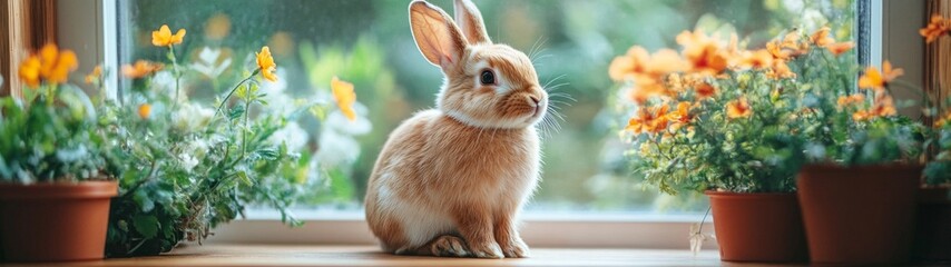 Fototapeta premium Charming Garden Rabbit, a delightful full-body portrayal of a cute rabbit nestled among vibrant garden flowers, exuding innocence and charm against a serene white backdrop