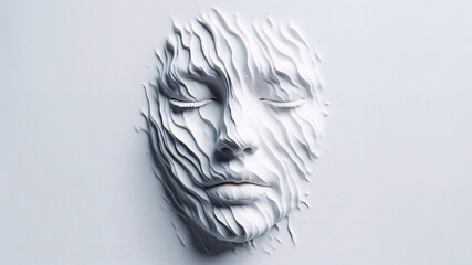 3D face in minimalist style made with thick white paint on a simple white background, rough texture, smooth curves and fine details