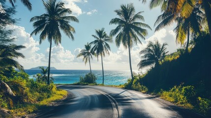 A winding coastal road with palm trees on both sides, their tall silhouettes standing against the backdrop of a sparkling ocean and blue sky
