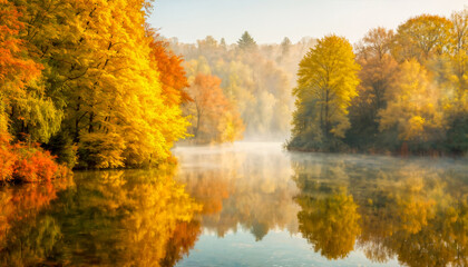 Golden leaves adorn the trees lining a calm lake, creating a mirror effect as the soft morning light melts away the lingering mist. The tranquil waters reflect the rich hues of autumn