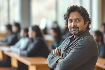 Obraz premium A 40-year-old male professor of Indian appearance stands in front of a class at a university. University study concept. Advertising banner.