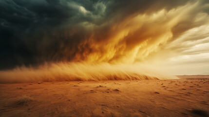 Burza piaskowa wiruje nad pustynią, zasnuwając wszystko wok&oacute;ł gęstymi chmurami piasku. Mocne podmuchy wiatru przemieniają spokojną pustynię w dynamiczny i nieprzewidywalny żywioł.