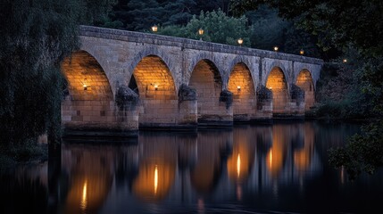 Fototapeta premium A historic stone bridge over a river, with subtle lanterns casting shadows on the ancient arches at night. Timeless and atmospheric