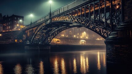 Fototapeta premium A grand iron bridge spanning across a river, illuminated by spotlights that cast long reflections on the shimmering water below. Majestic and powerful