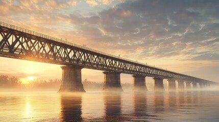 A long steel bridge crossing a wide river, each pillar bathed in golden light, creating a rhythmic pattern on the water. Grand and elegant