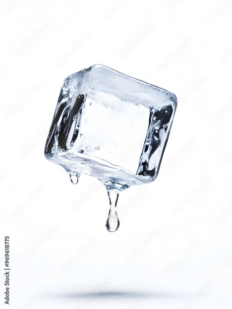 Poster close up view of a single transparent ice cube with water droplets and a dripping reflection on a cl