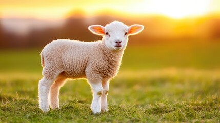 Obraz premium A charming lamb with soft white fur stands in a vibrant grassy field, enjoying the fresh air and serene surroundings on a sunny day