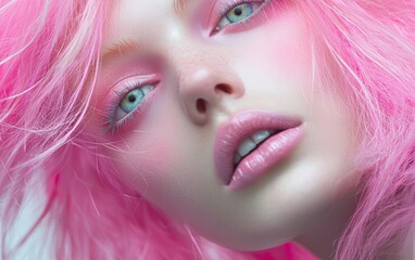 Fototapeta premium How can the pink hair and matching makeup in the image be used to represent the blending of art and fashion in a creative makeup line