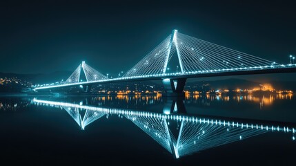Obraz premium A sleek urban bridge shining with cool white LED lights, mirrored in the still waters of the river at midnight. Modern and minimalist