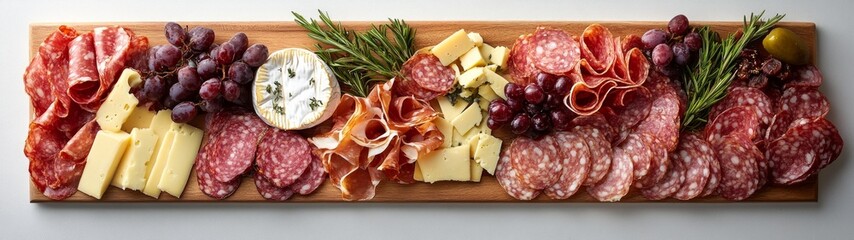 Artful Charcuterie Display, a vibrant arrangement of assorted cheeses and cured meats, elegantly presented on a pristine white backdrop, emphasizing culinary artistry and simplicity.