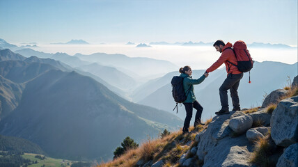 Obraz premium Amidst stunning mountain backdrop, two hikers share moment of teamwork as one helps the other climb rocky outcrop in the early morning. The expansive valley below enhances the adventurous atmosphere