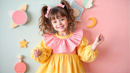 Fototapeta premium Cheerful young girl stands confidently her colorful bedroom, wearing vibrant, tiered dress. Room features pastel decorations, patterned bedspread, and bright accents that enhance playful atmosphere