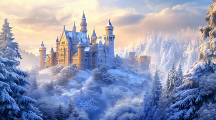 Na malowniczym tle zimowego krajobrazu, majestatyczny zamek błyszczy na górze, otoczony śniegiem i lodem. Zimowy las wokół zamku dodaje tajemniczości i magii.
