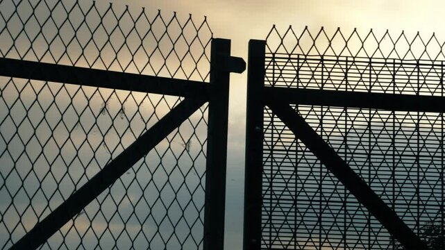 High metal gate security sunset background