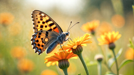 A colorful butterfly is perched on a pink flower, delicately sipping nectar under the warm sunlight of a spring day, surrounded by lush greenery.