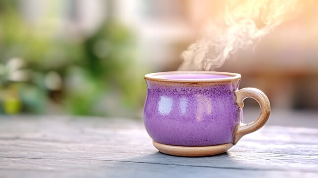 Traditional Andean api morado served in a rustic clay mug, with steam rising from the warm purple drink. The thick, spiced beverage fills the air with rich, comforting aromas of cinnamon and 