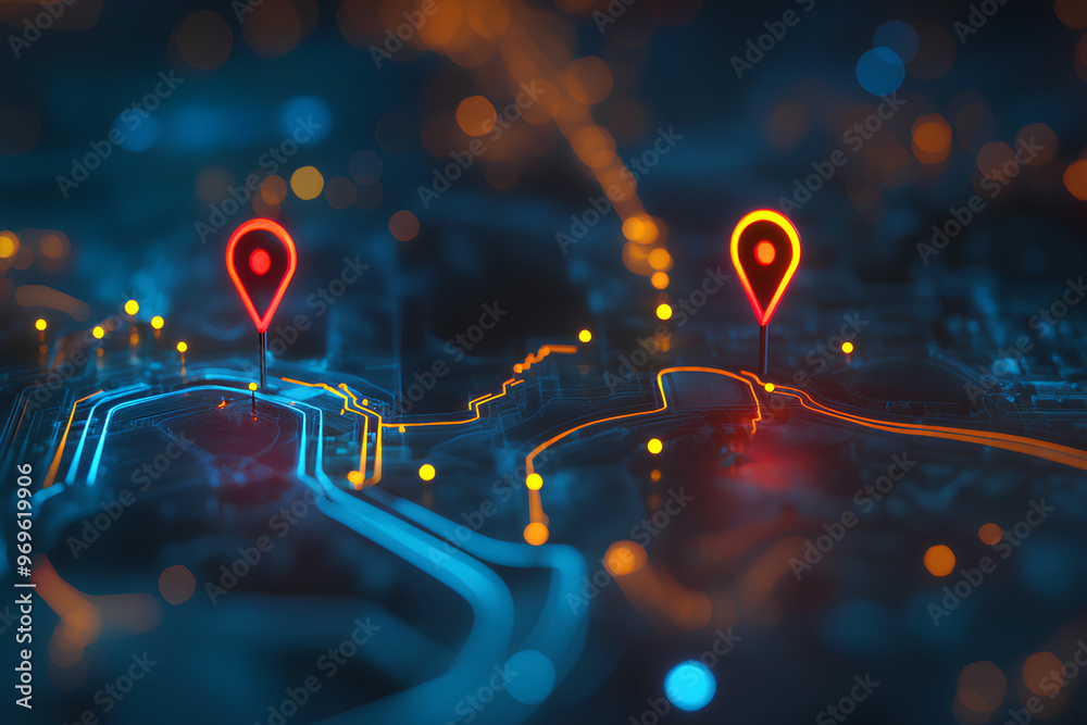 Poster Digital map with location pins and glowing pathways, representing navigation and technology.