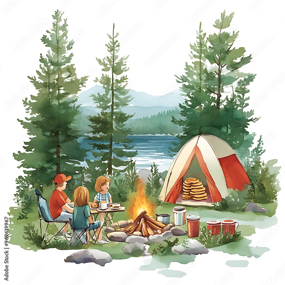 Canvas Prints Watercolor Illustration of a Family Camping by a Lake.