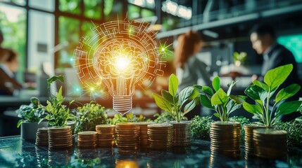 Light bulb and plants on coins symbolize green energy and sustainable investments.