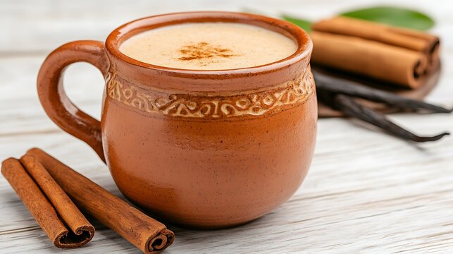 Traditional Mexican atole served in a rustic clay mug, with the creamy, warm beverage filling the cup. Cinnamon sticks and vanilla pods are scattered around, emphasizing the traditional flavors 