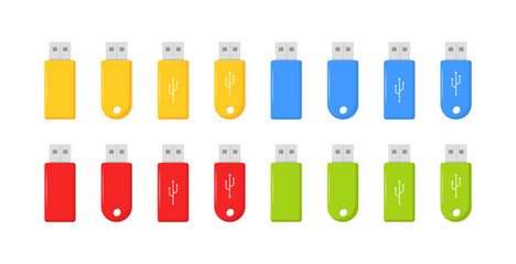 USB flash drive set icons. Flat style. Vector icons.