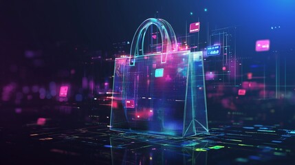 Digital shopping bag with glowing tech elements, symbolizing e-commerce and online shopping.