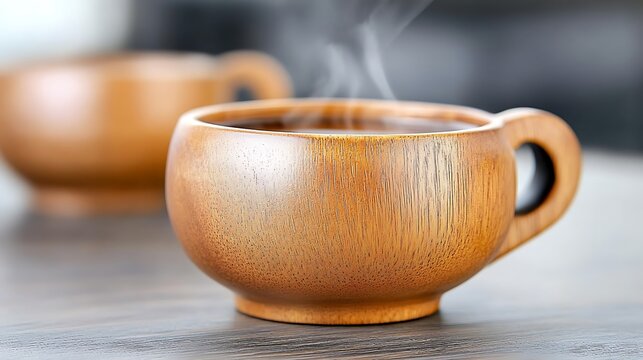 Traditional Russian sbiten served in a rustic wooden cup, with steam rising from the hot beverage. The drink is made with honey, spices, and herbs, evoking a cozy, wintry feel. 