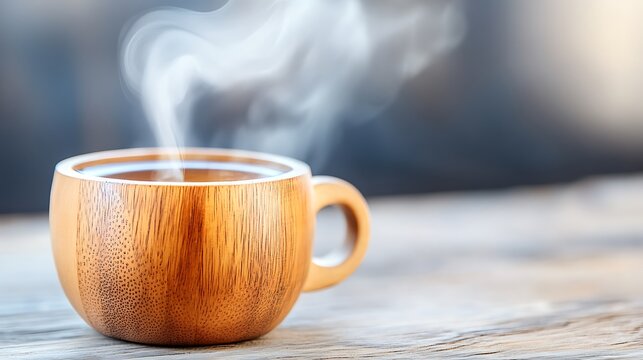 Traditional Russian sbiten served in a rustic wooden cup, with steam rising from the hot beverage. The drink is made with honey, spices, and herbs, evoking a cozy, wintry feel. 