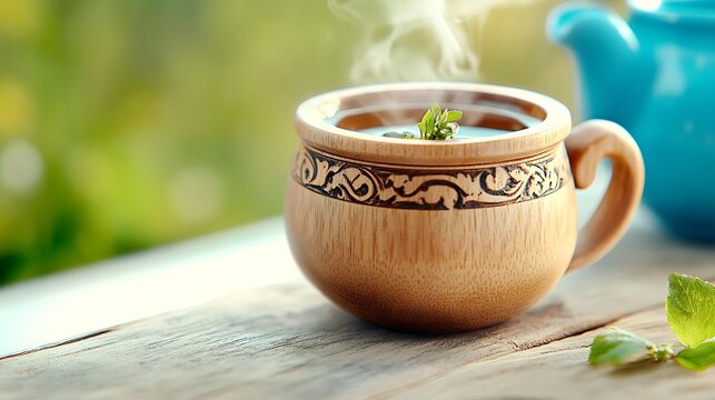 Traditional Russian sbiten served in a rustic wooden cup, with steam rising from the hot beverage. The drink is made with honey, spices, and herbs, evoking a cozy, wintry feel. 